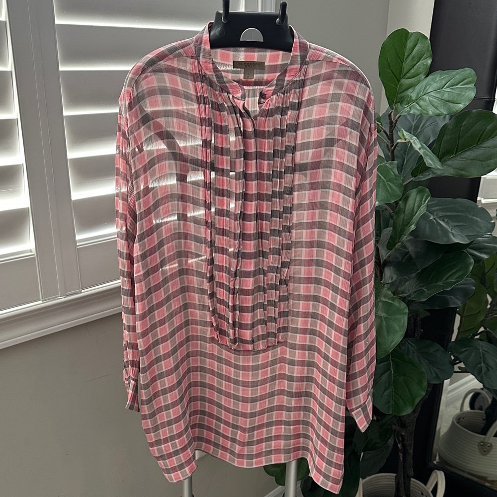 Burberry Silk Pink and Gray Plaid Tunic